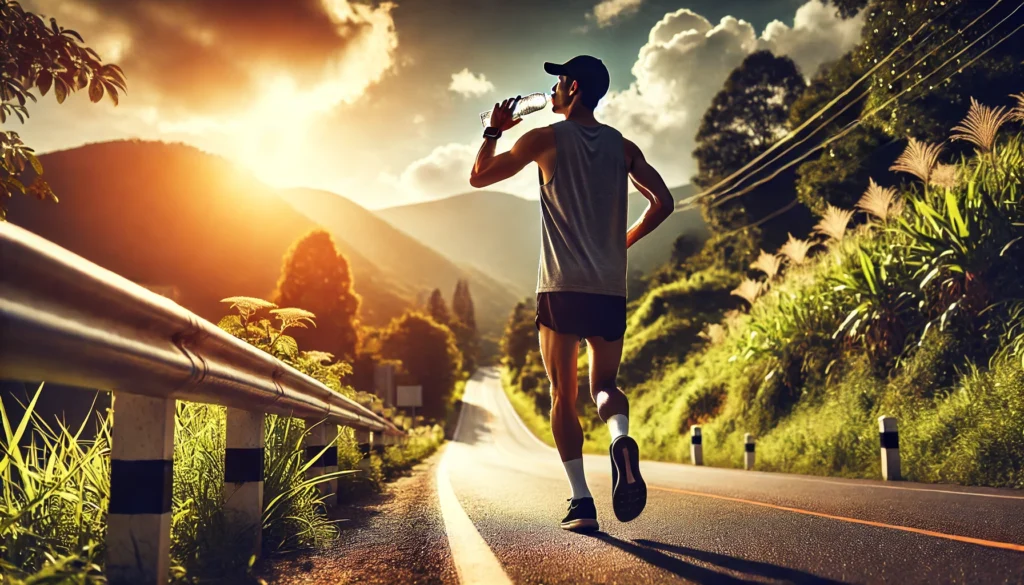 A runner drinking from a water bottle mid-run on a scenic road, emphasizing the importance of hydration for maintaining endurance and preventing fatigue.