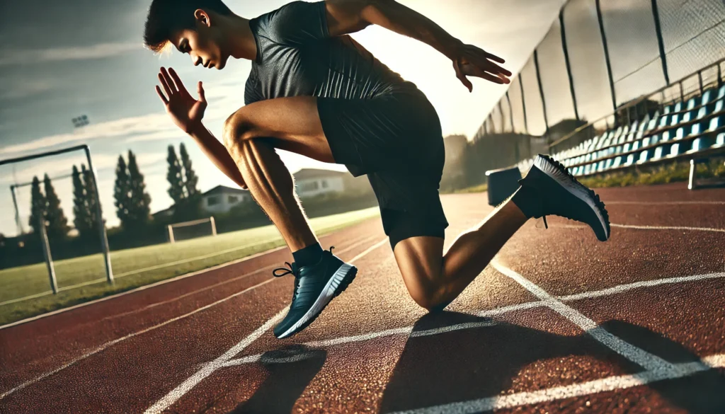 A dedicated runner executing high knee drills on a track, emphasizing form-focused exercises to increase speed and endurance.