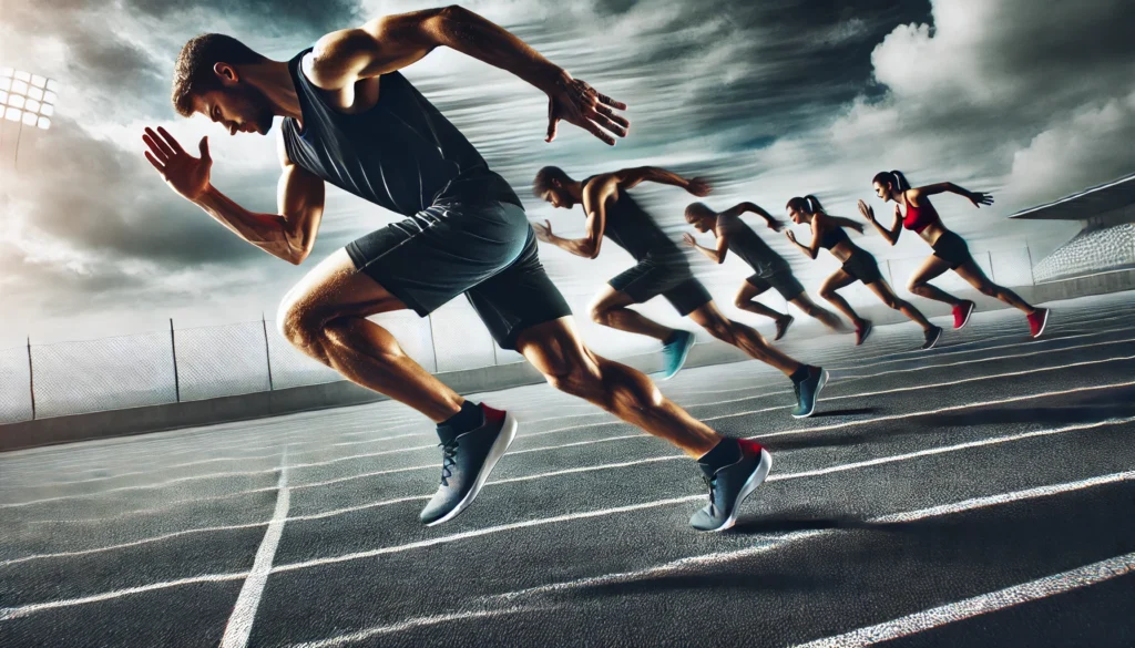 A runner performing interval training on a track, alternating between sprinting and jogging. The image captures motion and endurance, highlighting structured workouts designed to enhance speed and stamina.