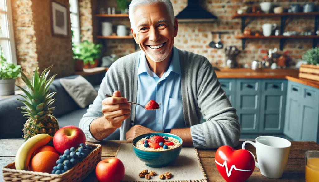 A senior man sitting at a kitchen table, smiling while eating a nutritious breakfast rich in heart-friendly foods like oatmeal, fruits, and nuts. The setting is warm and inviting.