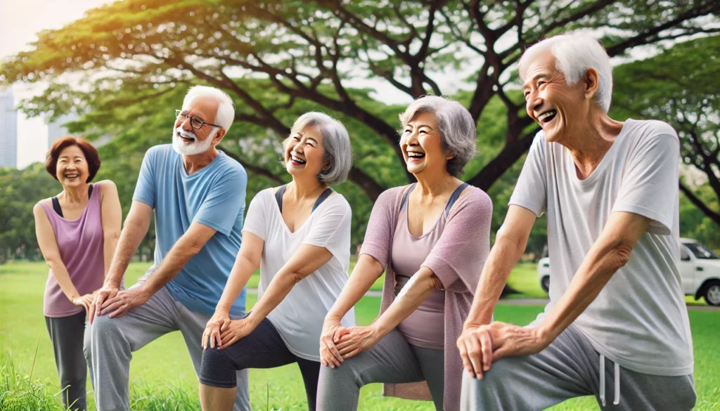 A group of elderly friends performing light stretching exercises in a sunny park, laughing together and enjoying social engagement while staying active for heart health.