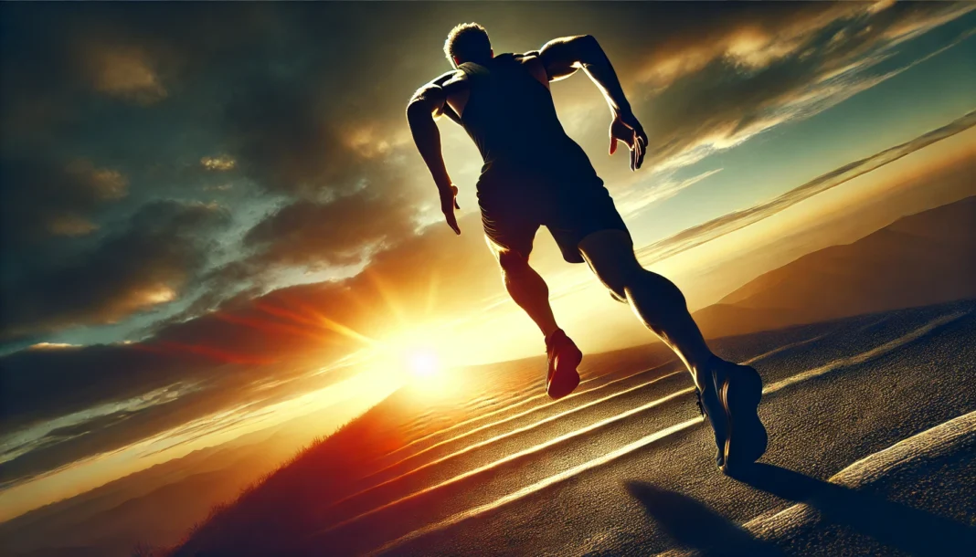 A powerful image of a determined athlete running up a steep hill at sunrise, symbolizing endurance, strength, and perseverance.