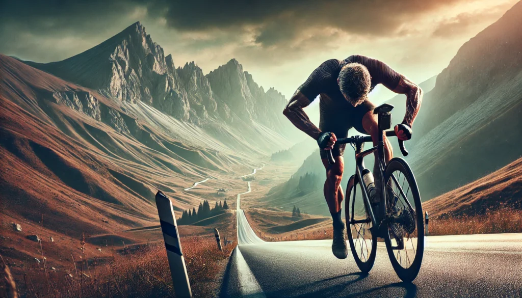 An intense scene of a cyclist pushing through a long-distance ride on a mountainous road, demonstrating resilience and stamina.