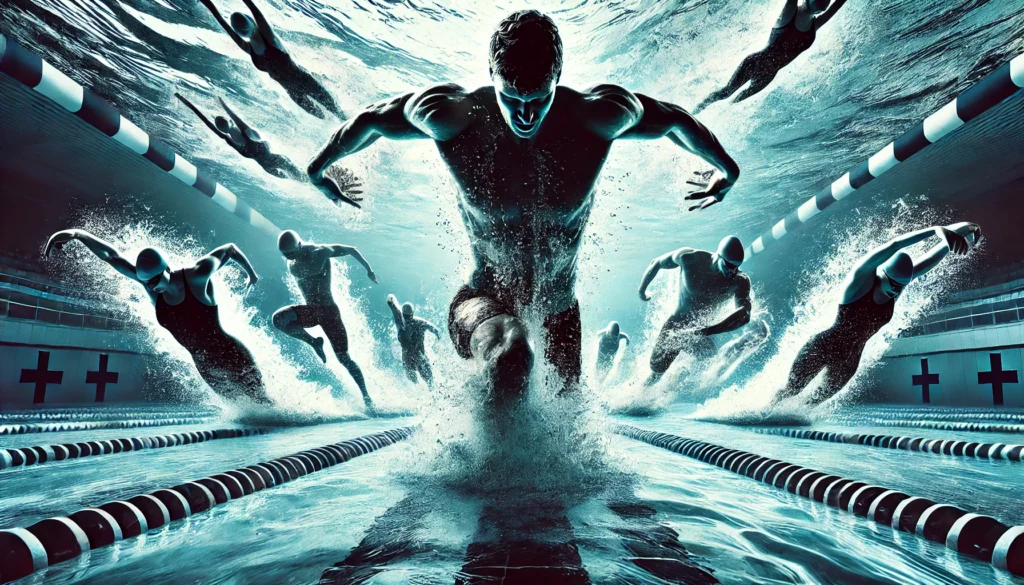 A group of swimmers training in an Olympic-sized pool, showcasing powerful strokes and sustained endurance in aquatic sports.