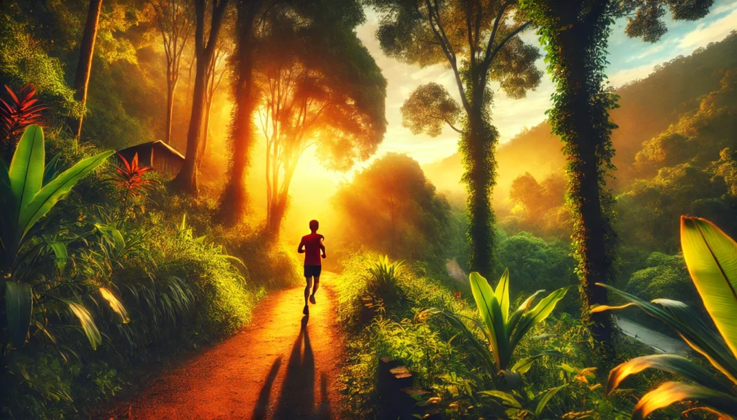 A vibrant outdoor scene of a person jogging along a scenic nature trail at sunrise, highlighting running as an effective long-term fitness strategy.