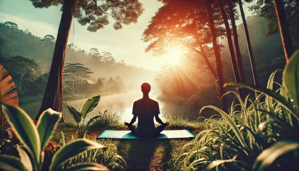 A peaceful scene of a person meditating on a yoga mat in a serene outdoor setting at sunrise, representing mental well-being as an essential part of long-term health.