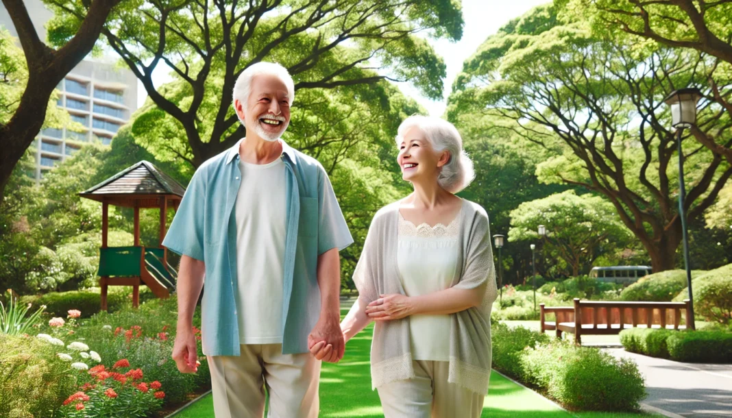 An elderly couple holding hands and smiling while taking a leisurely walk in a lush green park with colorful flowers and a clear blue sky, promoting heart health through gentle exercise.