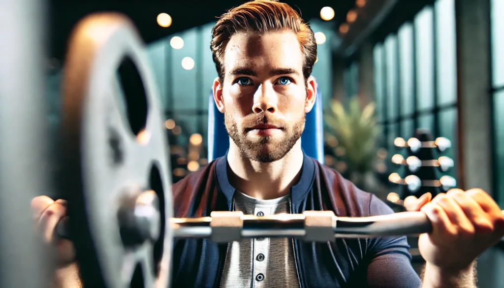 A muscular man lifts weights in a gym, focusing on strength training. He has a determined expression, with sweat visible on his forehead. The background features gym equipment, highlighting the role of regular exercise in maintaining cardiovascular health.