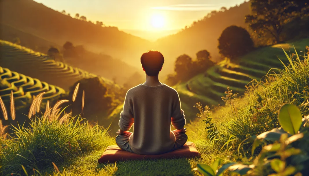 A peaceful meditation session on a grassy hill at sunrise, with a person sitting cross-legged, eyes closed, surrounded by soft golden light and nature for stress relief.