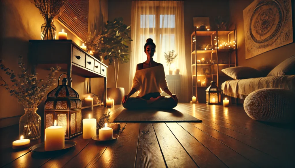 A serene indoor meditation space with a person sitting on a yoga mat in a dimly lit room, surrounded by candlelight, incense, and calming decor for relaxation.