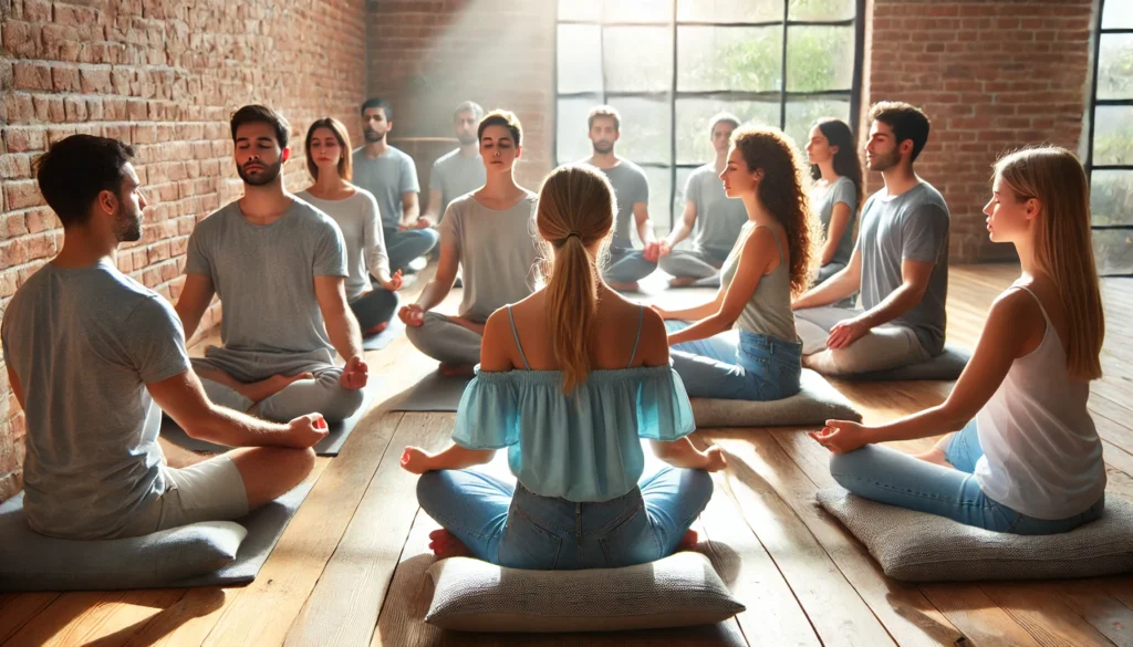 A group meditation session in a wellness center with several people sitting on cushions in a circle, eyes closed, practicing mindfulness under natural light.