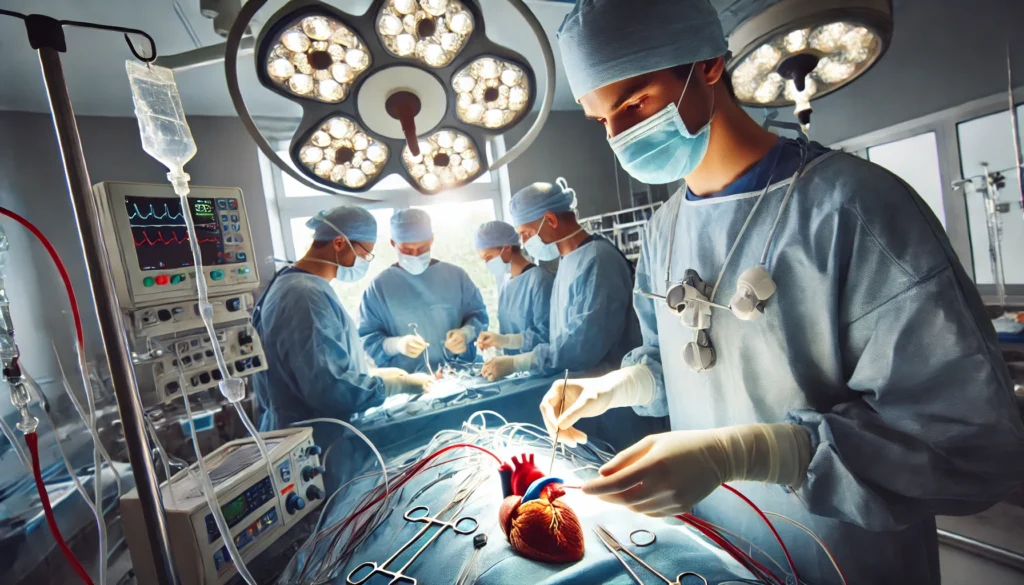 A surgical team performing a cardiac procedure in a brightly lit operating room. The surgeons wear protective masks and gloves while using advanced medical equipment to ensure precision.