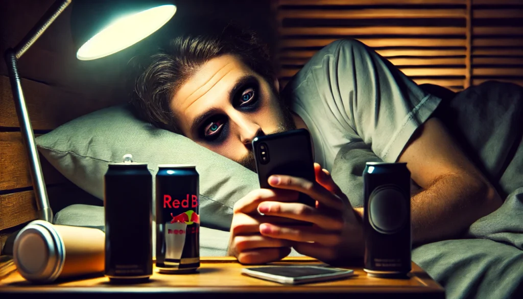 A person lies in bed late at night, staring at a bright phone screen with dark circles under their eyes, showing chronic sleep deprivation. Energy drink cans and coffee cups clutter the bedside table, emphasizing reliance on caffeine. The dim lighting and fatigued expression highlight the negative health effects of poor sleep habits on cardiovascular health.