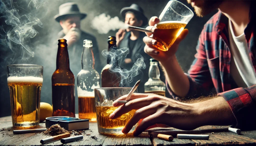 A dimly lit bar with a group of people smoking and drinking alcohol. The air is filled with smoke, and the table is cluttered with beer and hard liquor. A close-up of a hand holding a cigarette and another gripping a whiskey glass highlights the dangers of substance abuse contributing to cardiovascular diseases.