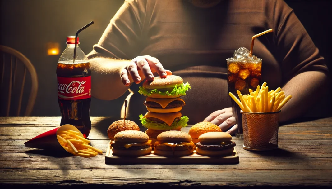 A dimly lit table filled with greasy burgers, fries, and sugary soft drinks. A person's chubby fingers reach for a burger, highlighting obesity and unhealthy eating habits. The setting emphasizes poor dietary choices contributing to cardiovascular diseases.