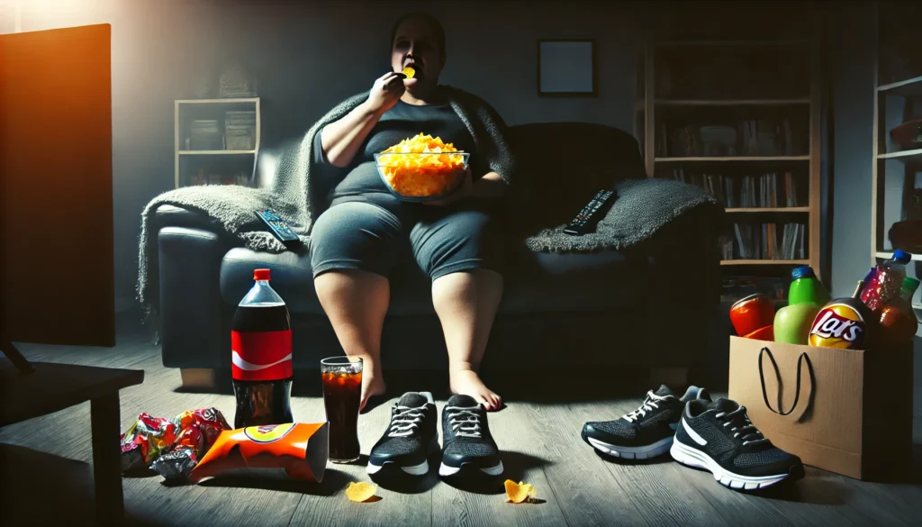 An overweight person sits on a couch in a dark living room, illuminated by the glow of a television screen. They hold a large bowl of chips and a sugary drink, surrounded by junk food wrappers. A pair of untouched running shoes in the background symbolizes a sedentary lifestyle contributing to cardiovascular diseases.