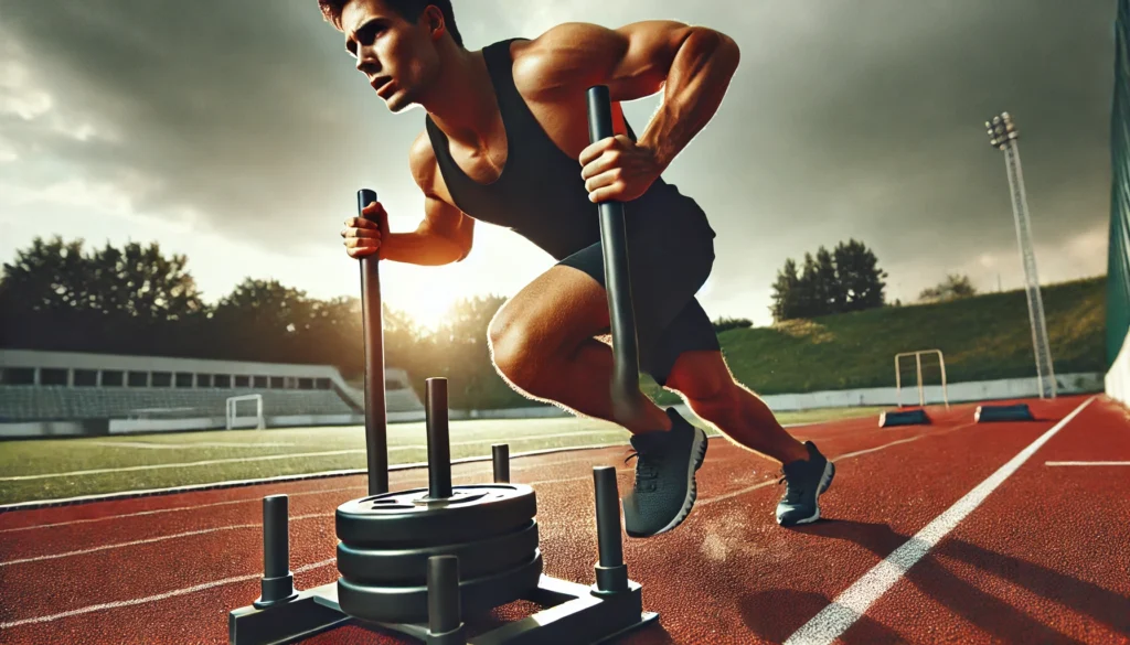 A determined runner performing resistance training with a weighted sled, showcasing strength-building exercises for speed and endurance.