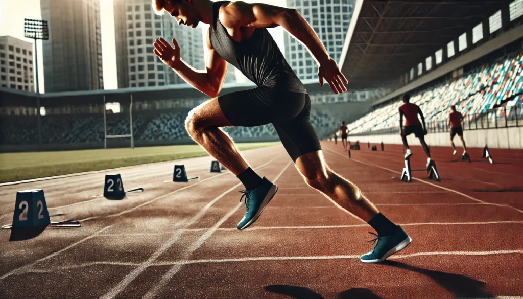 A runner executing high knee drills on a track, demonstrating agility training as a key technique to improve running efficiency.