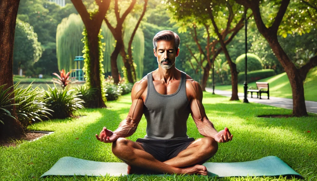 A fit middle-aged man practices yoga outdoors in a serene park setting. He sits on a yoga mat in a meditative pose with his eyes closed, surrounded by lush greenery. The peaceful atmosphere highlights the connection between relaxation, stress reduction, and heart health.