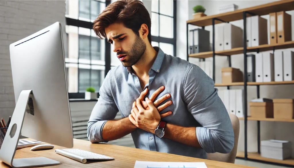 A young man in his 30s sitting at his office desk, rubbing his chest with a concerned expression, possibly experiencing early signs of heart discomfort. His posture suggests mild distress, and the background features a modern office setting.