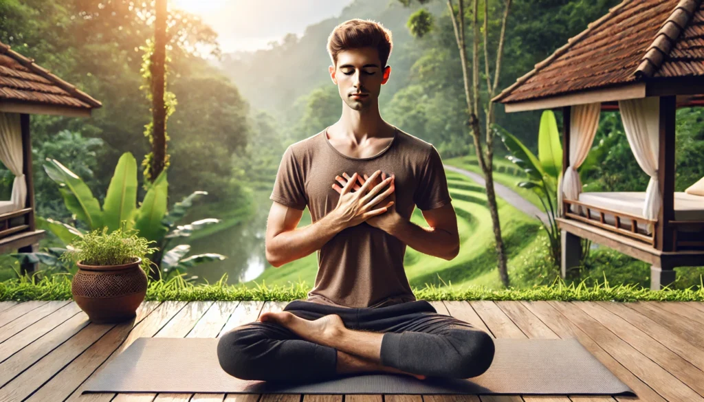 A young man practicing yoga outdoors, sitting in a meditative pose with his hands on his chest, symbolizing mindfulness and heart health. The background features a tranquil nature setting with soft lighting.